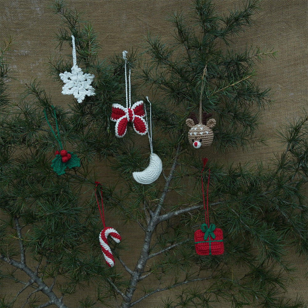 Christmas home decor - pack of 7 Stuffed Plush Toy | Festive Glow Set – Handcrafted Snowflake, Bow, Reindeer, holly leaf, Moon, Candy Cane, Gift Box | Artisan Made In India | 100% Cotton | Gift pack