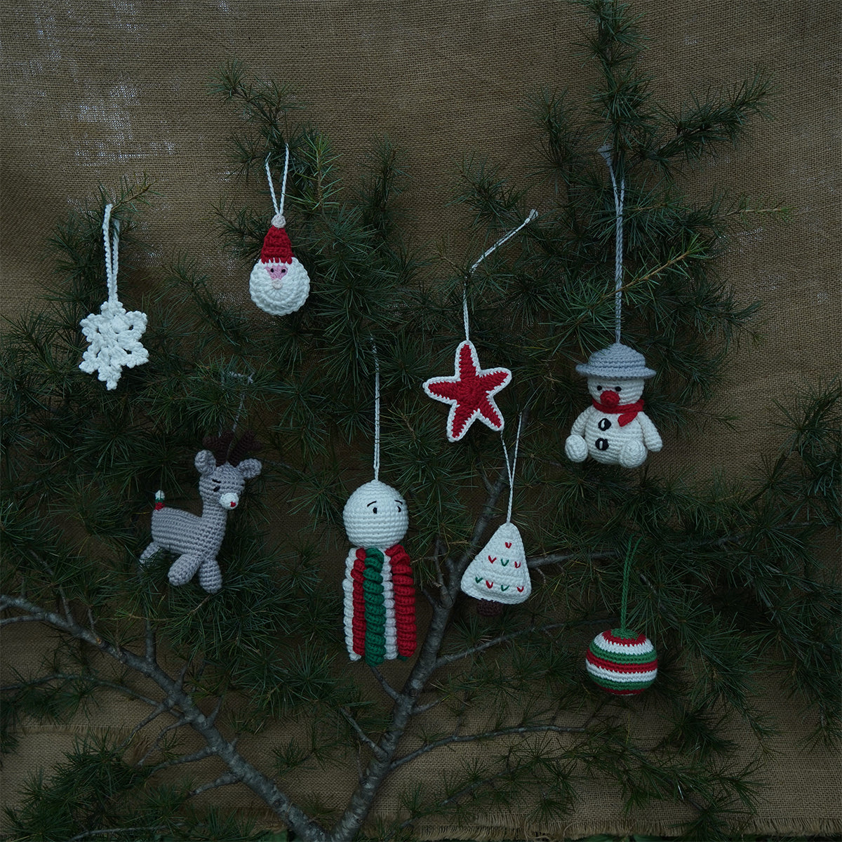 Christmas home decor - pack of 8 Stuffed Plush Toy | Festive Glow Set – Handcrafted Snowflake, Santa, Star, Reindeer, Bauble, Christmas Tree, Octopus, Snowman | Artisan Made In India | 100% Cotton | Gift pack