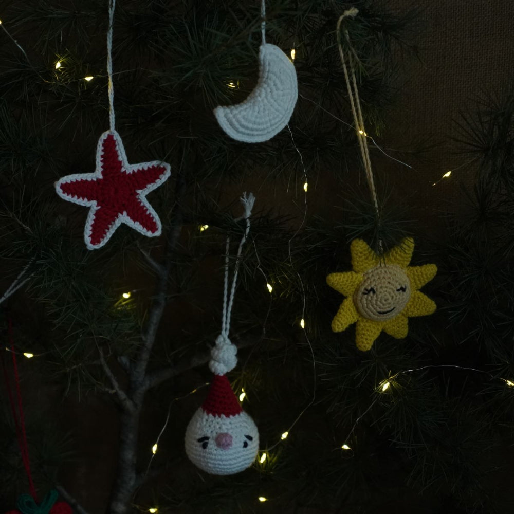 Christmas home decor - pack of 4 Stuffed Plush Toy | Festive Glow Set – Handcrafted Star, Moon, Sun & Santa | Artisan Made In India | 100% Cotton | Gift pack