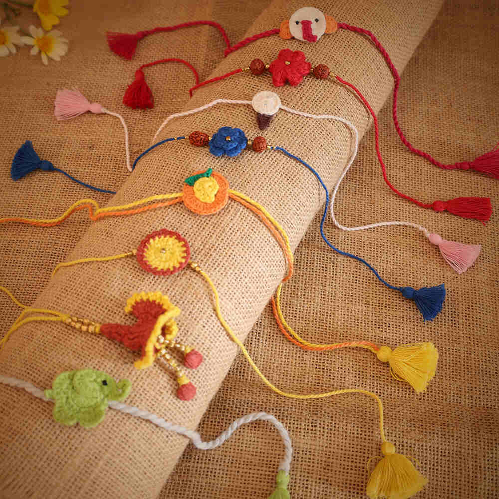 Family Rakhi Combo | Set of 8 | Rakshabandhan | For Kids & Adults | Artisan Made In India | 100% Cotton | Crochet, Hand Knitted