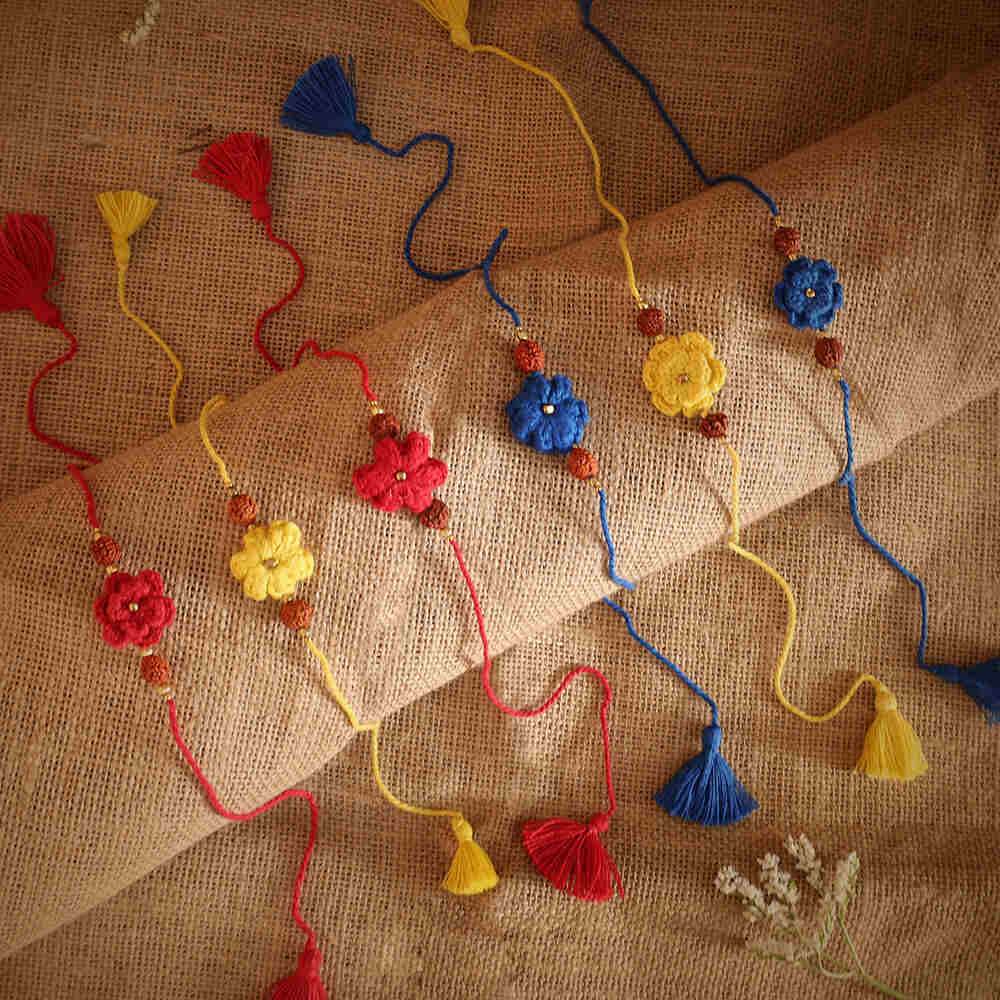 Rudraksha Rakhi Combo Set of 6 | Rakshabandhan | For Kids & Adults | Artisan Made In India | 100% Cotton | Crochet, Hand Knitted