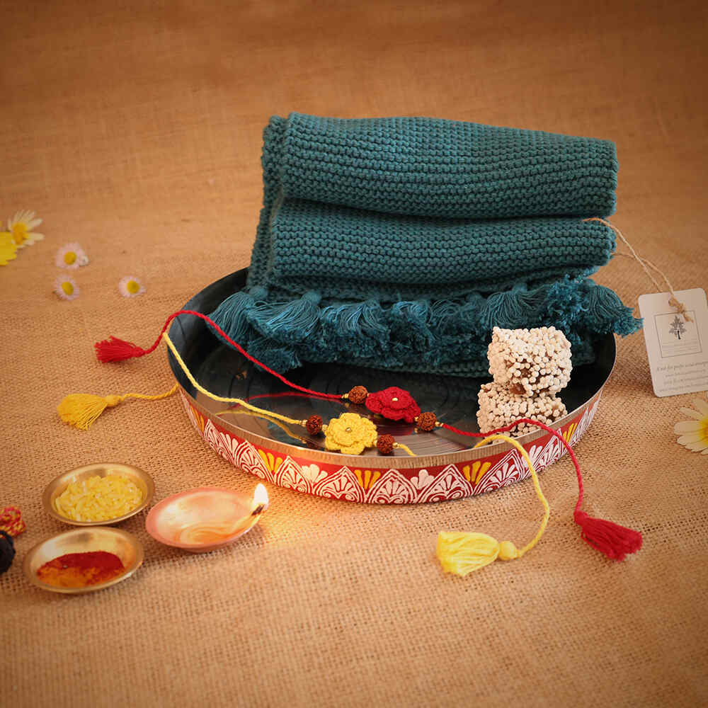 Rakhis and Cotton Hand-knitted Scarf | Rakshabandhan | For Kids & Adults | Artisan Made In India | 100% Cotton | Crochet, Handcrafted | Gifting | Teal Scarf | Rauli and Chawal | Sweets | Gifting