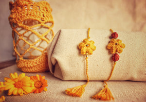 Yellow Flower Rudraksh Moti Rakhi | Rakshabandhan | For Kids & Adults | Artisan Made In India | 100% Cotton | Crochet, Handcrafted